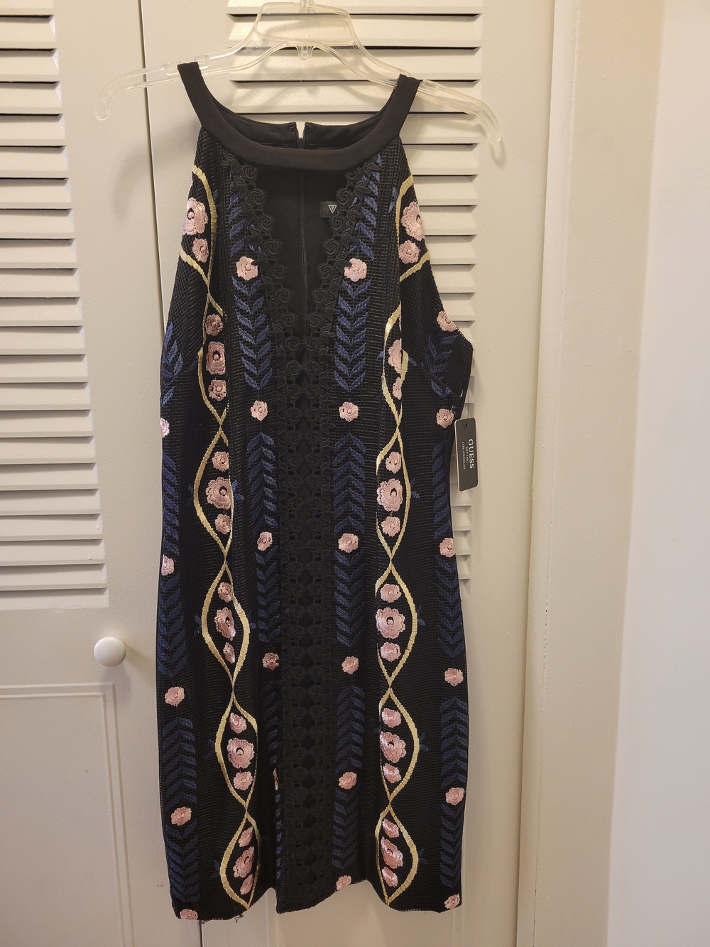 Guess Black Embroidered Halter Dress with Pink Floral Detail